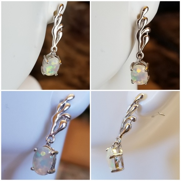 Genuine White Fire Opal Stud Earrings 1" - Picture 2 of 4